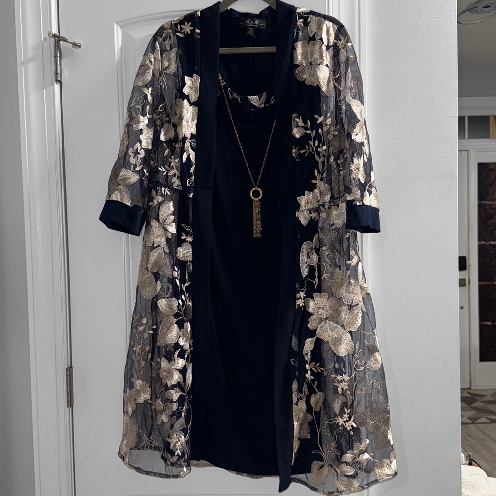 Elegant Black and Gold Floral Dress with Kimono
